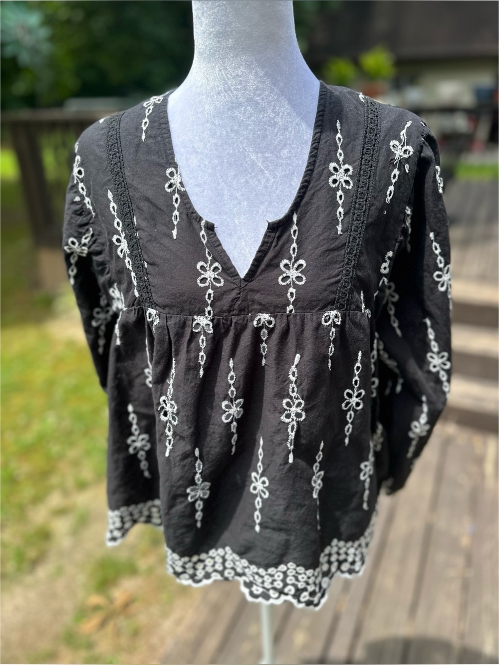 Kings Road Cotton Black Embroidered V-Neck Peasant Blouse